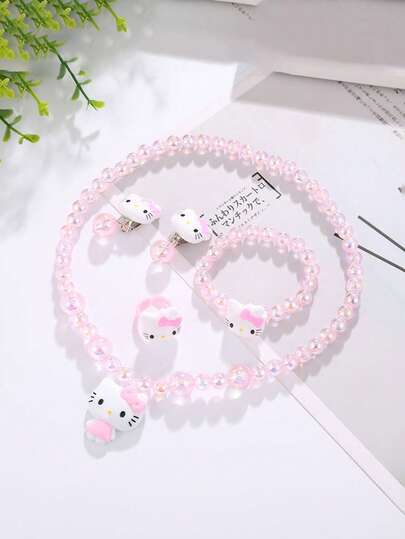  Ett set med Sanrio, Hello Kitty pärlhalsband, örhängen, armband, ringar, söta prinsesssmycken, moderiktiga och söta