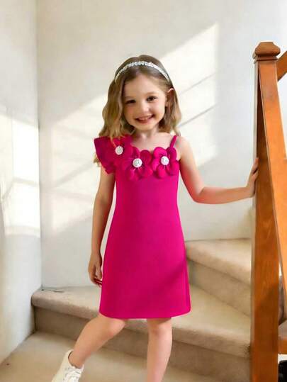 女童休闲纯色3D立体花卉半袖半吊带斜肩直筒连衣裙，适合日常、居家、户外、运动、夏季穿着