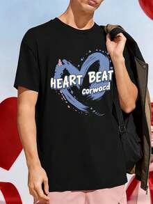 T-shirt nera con stampa grafica del battito cardiaco, 100% cotone, vestibilità comoda, stile streetwear e hip-hop, stampa artistica - nero - Visualizzare 1