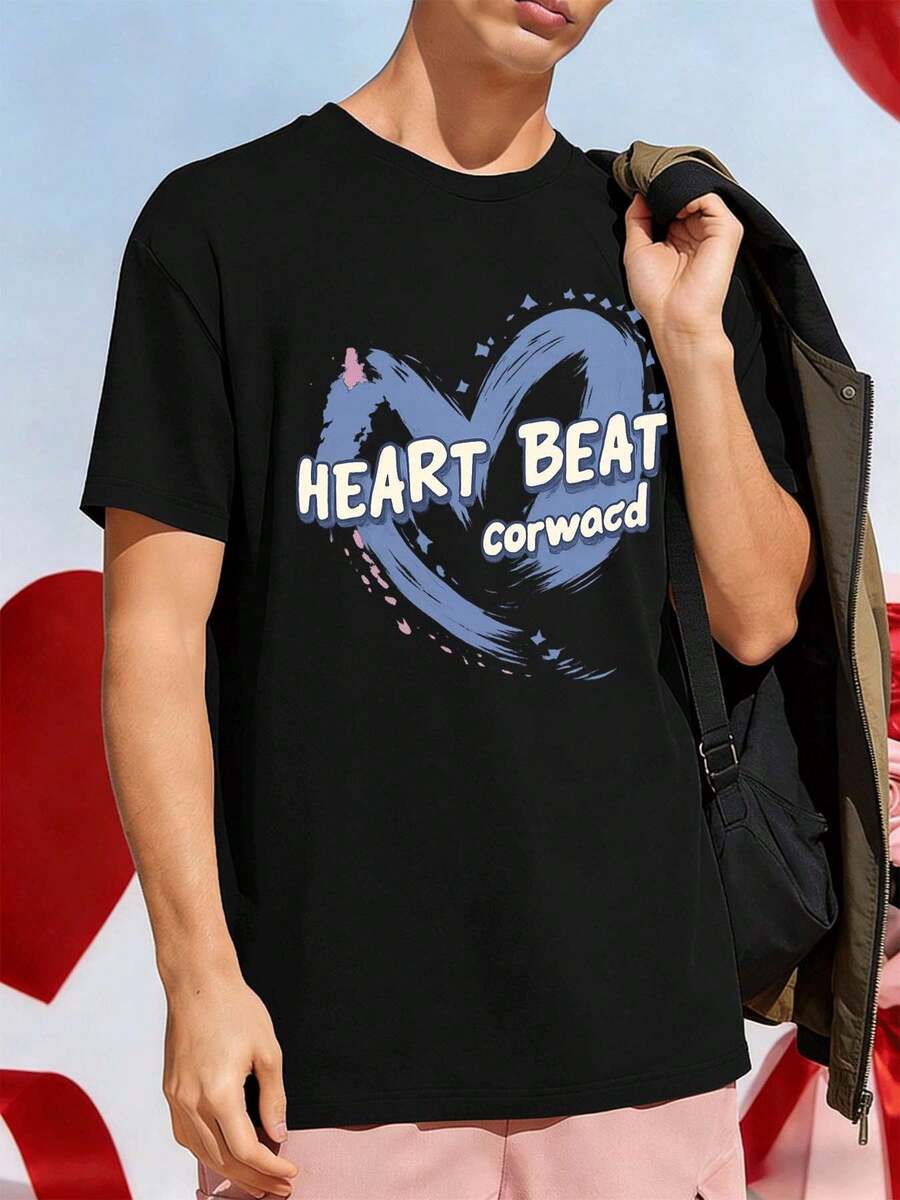 T-shirt nera con stampa grafica del battito cardiaco, 100% cotone, vestibilità comoda, stile streetwear e hip-hop, stampa artistica - nero - Visualizzare 1