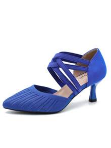 MAIERNISI JESSI Women's Low Kitten Heels Knit Pumps Elastic Crisscross Ankle Strap Slip On Dress Shoes - Royal Blue - View 15