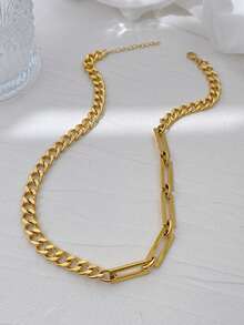1pc Girl's Necklace, Exaggerated Metallic Style, Stainless Steel Chunky Chain Linked Necklace, Fashion Everyday Accessory (No Gift Box) - Yellow Gold - View 3