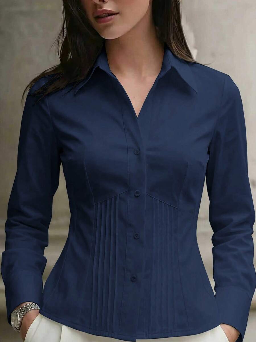 1pc Women's Solid Color Button-Up Elegant Commuter Casual Slim Fit Long Sleeve Shirt, Suitable For Office, Home, Daily Wear, And Dates, All Seasons Spring - Navy Blue - View 1