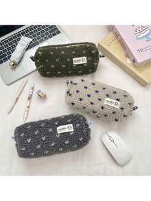 1个毛绒心形铅笔盒，大容量文具袋，学生专用，柔软收纳袋