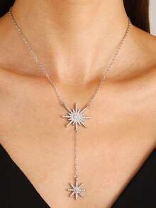波西米亚水晶太阳光芒项链，金色星芒Y形项链配太阳吊坠，水晶雪花链项链，女士珠宝礼物 - 太陽 - 查看 2