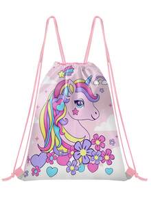 儿童独角兽图案抽绳背包 - 轻便耐用，可爱篮球和独角兽印花，适合青少年女孩运动健身、游泳、旅行徒步，也适合上学、运动、旅行和玩具收纳。 - 均碼 - 查看 10