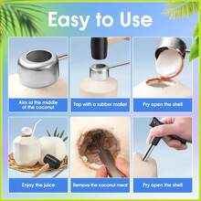 椰子开壳工具套装，不锈钢椰子开壳器，轻松打开嫩椰子和成熟椰子，黑色橡胶锤，椰肉刮刀 - 黑色 - 查看 2