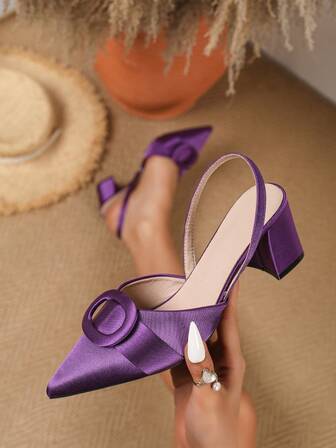 春季新款时尚女士尖头婚鞋，粗跟蝴蝶结凉鞋，紫色，休闲舒适女鞋
