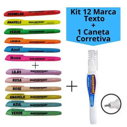 kit 12 marca texto + 1 caneta corretiva