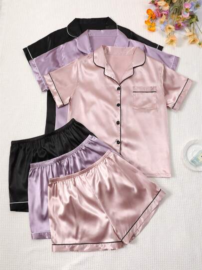 Valentine's Day Multipiece Solid Color Satin Women Pajama Set, Soft Satin Sleepwear