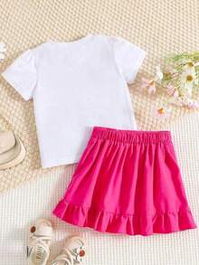 Bộ đồ 2 món cho bé gái tuổi teen: Áo tay ngắn in chữ và chân váy xếp ly. - trắng - Xem 2