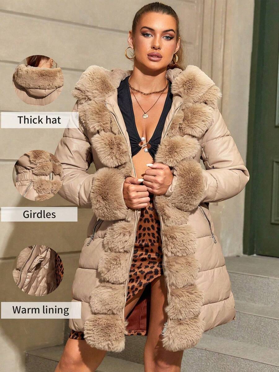 Abrigo parka con capucha elegante para mujer de talla grande con ribete de piel sintética y cinturón, perfecto para otoño/invierno - Albaricoque - Ver 1