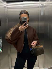 Women Solid Color Zip-Up Short Jacket With Pockets, Casual Long Sleeve Soft Bomber Jacket, Versatile Minimalist Design For Autumn/Winter Spring - Brown - View 3