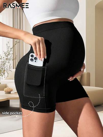 Seamless Maternity Yoga Shorts, 3-In-1 Design, Crafted With Seamless Knitting Technology For Ultimate Comfort, Simple Black Style, High-Elasticity Abdominal Fabric, High-Waist Support, Ideal For Commuting, Workout, Yoga, Home And Fitness