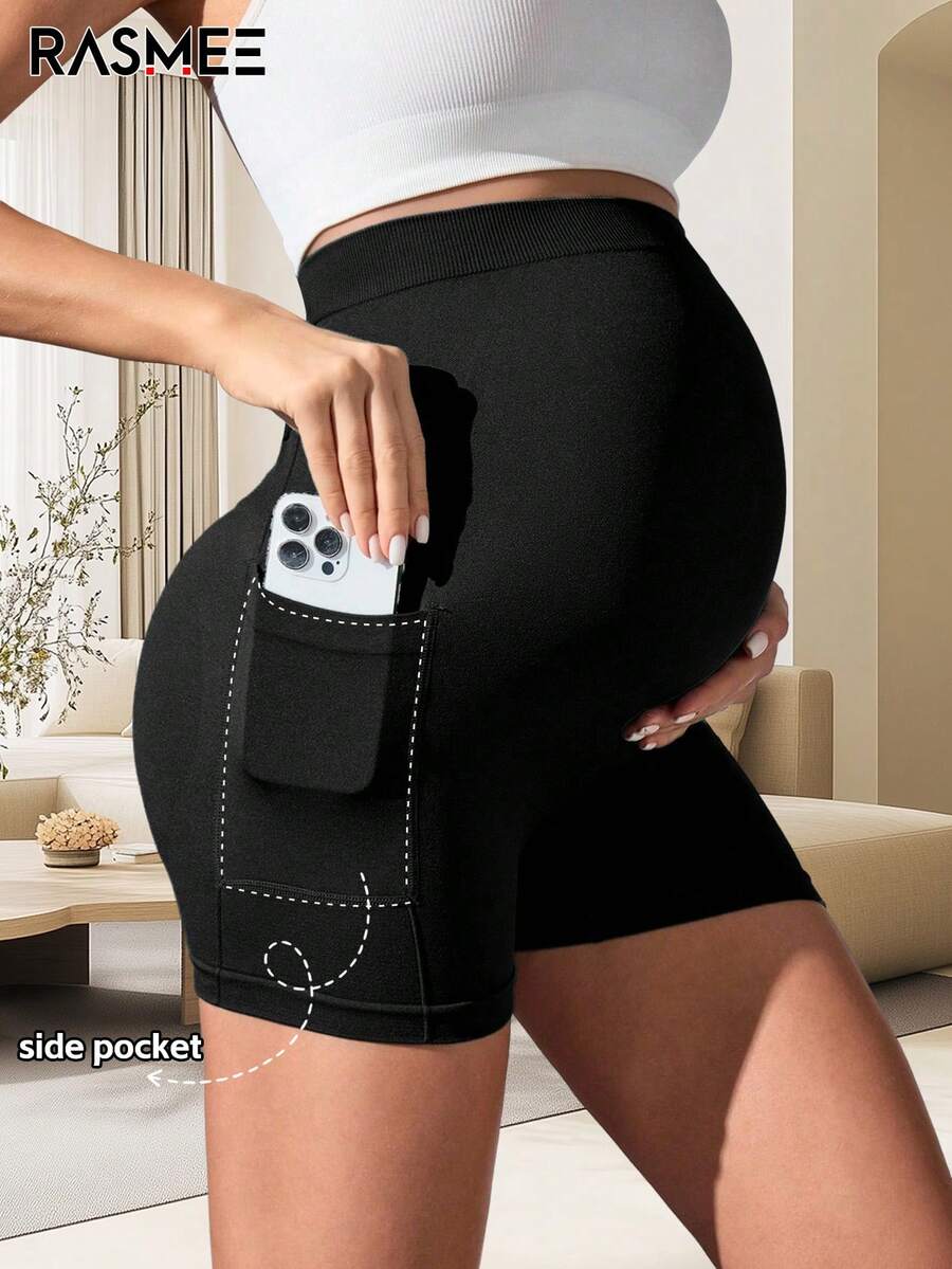 无缝孕妇瑜伽短裤，三合一设计，采用无缝针织技术，极致舒适，简约黑色，高弹腹部面料，高腰支撑，通勤、运动、瑜伽、居家及健身的理想之选。