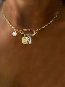 1条A-Z 26字母项链，彩色钻石椭圆扣链，配金色珠子，不锈钢链，独特优雅风格 - 金黃色 - 查看 27