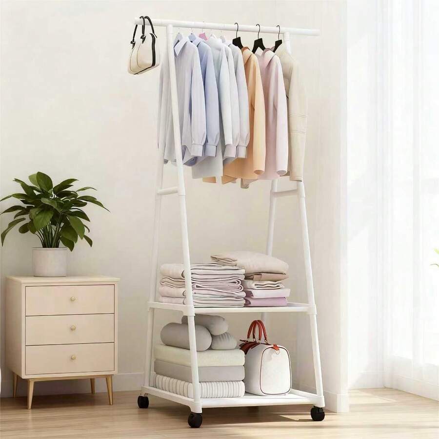 1pc Floor-Standing Coat Rack, Compact Bedroom Type With Shelf, Multi-Layer Storage Rack For Living Room, Mobile Multi-Functional Design, Indoor Balcony Clothes Drying Rack