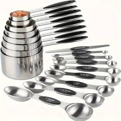 8/9/17pcs Set, Measuring Cup And Spoon Set, Stainless Steel Measuring Cups And Magnetic Measuring Spoons Set, Double-Sided Magnetic Measuring Spoons Set, Graduated Measuring Cup And Spoon Gap Set, 8pcs Stainless Steel Measuring Cups, 9pcs Magnetic Measuring Spoons, For Dry Powder And Liquid Ingredient Measuring Tools, Kitchen Small Tools, Kitchenware, Kitchen Accessories, Household Kitchen Items