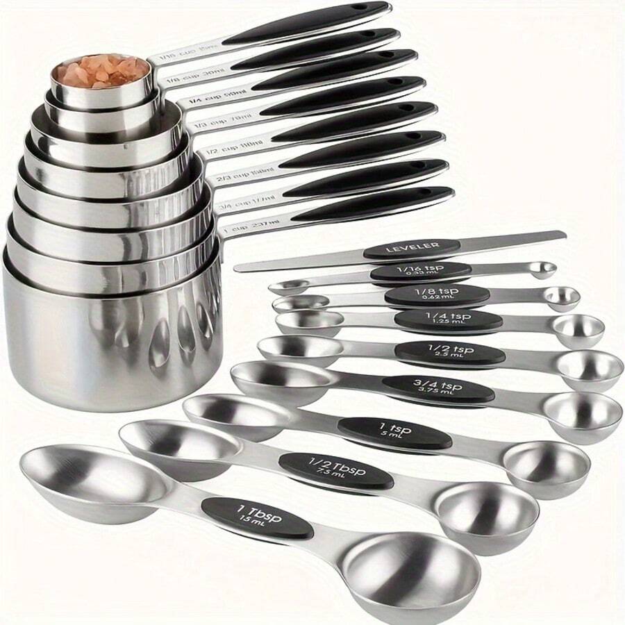 8/9/17pcs Set, Measuring Cup And Spoon Set, Stainless Steel Measuring Cups And Magnetic Measuring Spoons Set, Double-Sided Magnetic Measuring Spoons Set, Graduated Measuring Cup And Spoon Gap Set, 8pcs Stainless Steel Measuring Cups, 9pcs Magnetic Measuring Spoons, For Dry Powder And Liquid Ingredient Measuring Tools, Kitchen Small Tools, Kitchenware, Kitchen Accessories, Household Kitchen Items - Multicolor - View 1