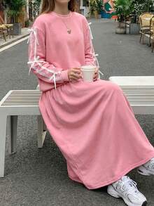 This Fashionable And Cute Crew Neck Sweatshirt Dress Features Bow And Lace Details, Very Suitable For Teen Girlto Wear In Spring, Autumn And Winter Seasons. (JH25049) - Pink - View 3