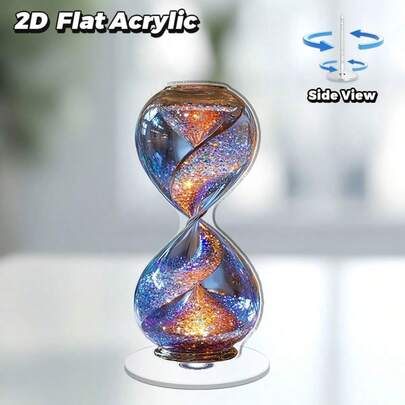 2D 平面设计，一个优雅的旋转亚克力沙盒，内含闪亮的沙子 - 蓝色手柄，减压玩具兼计时器，适合室内外美观，办公桌装饰，四季皆宜，2D 平面设计。