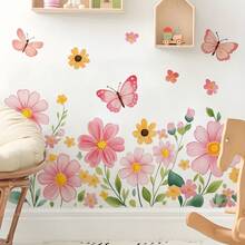 粉色花朵墙贴 可移除蝴蝶花卉墙贴 DIY乙烯基自粘墙贴 适用于婴儿房电视背景墙 儿童房 女孩房 卧室装饰 - 彩色 - 查看 3
