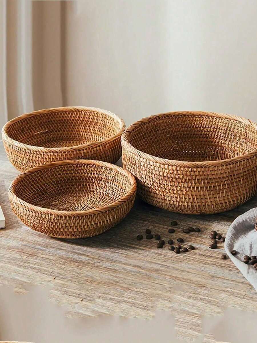 1/3pcs Round Woven Storage Basket, Suitable For Vegetables, Fruits, Bread, Snacks, Decorative For Tabletop, Living Room, Bathroom, Kitchen Counter (Small/Medium/Large), Modern Boho Style Rope Plant Hanging Basket, Wooden Rattan Geometric Basket, Natural Metal Frame Accent, Suitable For Coastal Garden Decor
