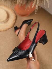 Spring New Fashion Women's Pointed Toe Wedding High Heels, Thick Heel With Rhinestone Buckle Strap Casual Comfortable Shoes