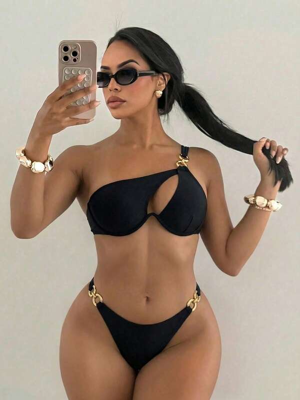 Women's Sexy Backless Spaghetti Strap One-Piece Swimwear, Tie-Back Design, Suitable For Beach Vacation Black Summer