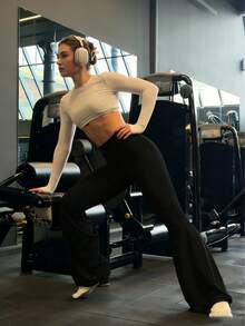 Women's Sporty Slim Fit Flared Pants, Fashion Versatile Double Waistband Skinny Leggings, Slimming Casual Trousers - Black - View 7