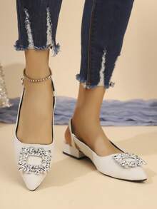 Nuevos zapatos de fiesta con puntera plana y hebilla de cristal de moda para exteriores, zuecos cerrados de punta negra sin cordones, sandalias - Beis - Ver 3