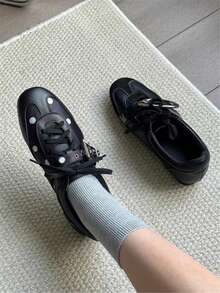 女士时尚方头优雅系带黑色波点百搭休闲平底鞋 - 黑色波點 - 查看 4