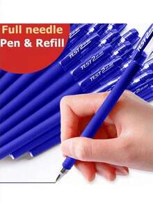 10pcs Blue Matte Barrel Ballpoint Pen 0.5mm & Refills, Water-Based Black/Blue/Red Ink Pens, Student & Office Supplies - Blue - View 3