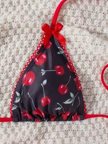 Bộ bikini gợi cảm buộc dây cổ, trang trí nơ, in hình quả anh đào, dành cho nữ, thích hợp mặc đi biển mùa hè. - Nhiều màu - Xem 4