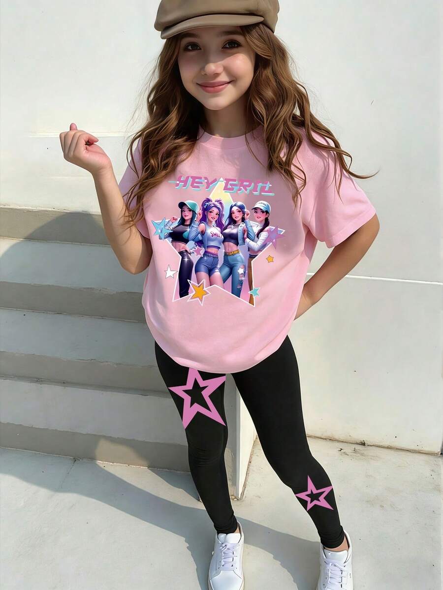 Teen Girls Cartoon Print Short Sleeve T-Shirt And Leggings Set - Pink - View 1