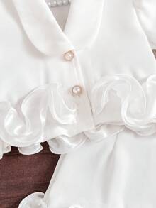 Set de 2 piezas: Blusa corta blanca de verano con mangas abullonadas de perlas + Minifalda de satén con volantes en el bajo, estilo callejero dulce para niña - Blanco - Ver 8