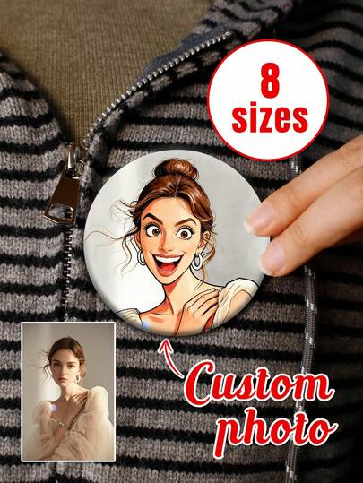 Custom Photo Badge Pin, Round Portrait Brooch, Bags Jackets And Hats, Trending Gift For Her And Friends, Personalized Picture Button Keepsake, Fashion Accessory, For Daily Outfit And Party Look, Customized Image Pin Decor, Customizable, Cartoon Photo