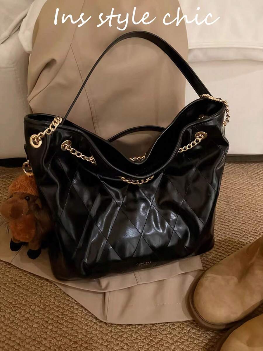 This New Multi-Functional Tote Bag Boasts A Simple Yet Stylish Design, Exuding A High-End Feel. It Can Be Carried On The Shoulder Or By Hand. This High-Quality Women's Shoulder Bag Is Made Of Durable Black PU Material, Offering Excellent Value For Money. - Black - View 1