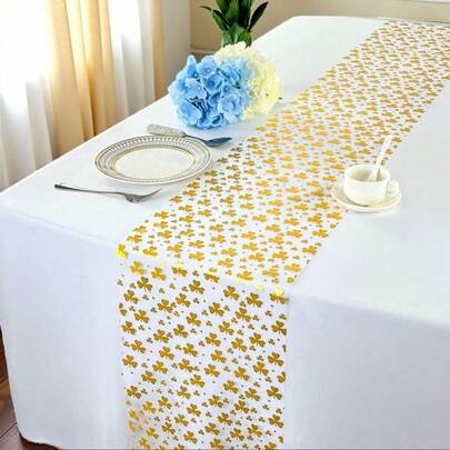 1 pieza Camino de mesa de boda con trébol metálico dorado/plateado, disponible en múltiples tamaños: 28cm*275cm/500cm/1000cm, adecuado para bodas, Día de San Valentín, fiestas, reuniones, celebraciones festivas, decoración de mesa de comedor