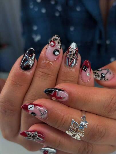 24pcs/Set Short Oval Leopard Print Wine Red French Manicure Nail Stickers, Includes 3D Gel Black Spade 8 & 7, Stars, Bows, Dice, Playing Cards, Cherries And Rhinestones Patterns, European And American Sweet And Cool Style, Fully Fits Acrylic Fake Nails, Includes 1pc Jelly Gel And 1pc Nail File, Suitable For Women And Girls For Daily Work, Study And Parties