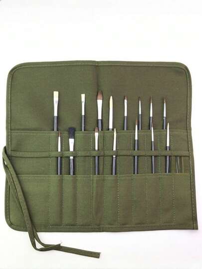 1pc Large Capacity Canvas Painting Brush Bag, Rollup Watercolor Pencil Case, Minimalist Solid Color Foldable Pencil Pouch, Multi-Functional Makeup Brush & Nail Brush Storage Bag