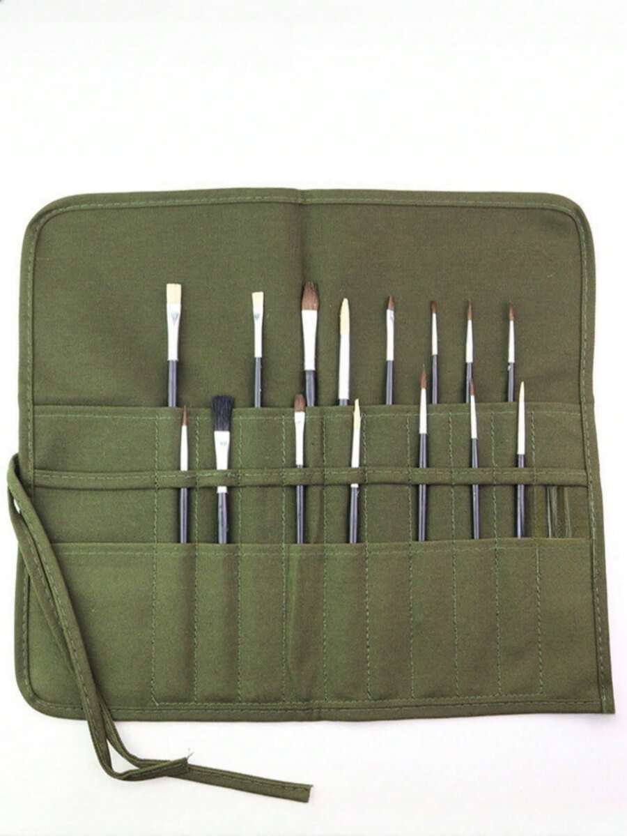 1pc Large Capacity Canvas Painting Brush Bag, Rollup Watercolor Pencil Case, Minimalist Solid Color Foldable Pencil Pouch, Multi-Functional Makeup Brush & Nail Brush Storage Bag - Multicolor - View 1