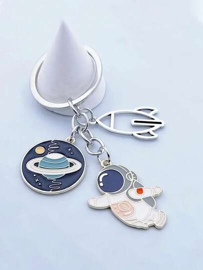 1PC Astronaut And Rocket Keychain Set, Zinc Alloy Space-Themed Keychain With Planet And Astronaut Pendant, Funky Style Metal Keychain For Astronomy Enthusiasts, Bag Charm