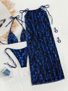 女士性感印花吊带露脐上衣、高腰半裙和比基尼三件套泳装，夏季海滩度假海岛风情 - 彩色 - 查看 4