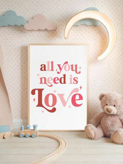 1幅帆布墙画，婴儿用品 - “All You Need Is Love”设计，粉色情人节儿童房装饰画，带框，完美适用于游戏室、婴儿房、育儿室、幼儿园、男孩房、女孩卧室装饰。