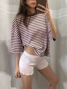 Womens Oversized Striped Short Sleeve Shirt Loose Fit Color Block Crew Neck Tshirt Summer Lounge Blouses Basic Tee - Pink - View 3