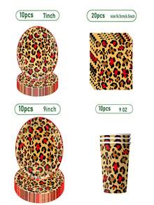 50 piezas Conjunto de suministros para fiestas con estampado de leopardo rojo-marrón - Platos, vasos y servilletas desechables de papel con patrón animal de moda, vajilla para fiestas, adecuado para fiestas de cumpleaños con tema retro para adultos y reuniones de estilo audaz, decoraciones con estampados elegantes, ideal para regalos y celebraciones en casa. - Multicolor - Ver 7