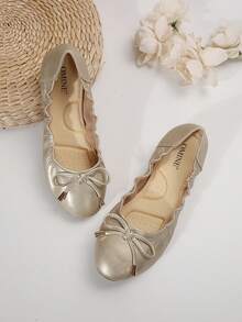 Women's Comfortable Ballet Flats With Bow Detail - Slip-On Shoes For Office, Casual, Daily Wear,  Flats For Women, Fashionable Slip-On Flats For Work, Stylish Ballet Flats For Women In Multiple Colors – Comfortable And Lightweight Flats For Everyday Comfort - 淺金色 - 查看 1