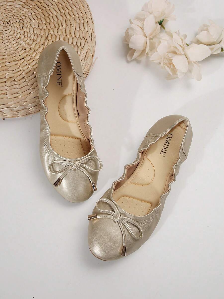 Women's Comfortable Ballet Flats With Bow Detail - Slip-On Shoes For Office, Casual, Daily Wear,  Flats For Women, Fashionable Slip-On Flats For Work, Stylish Ballet Flats For Women In Multiple Colors – Comfortable And Lightweight Flats For Everyday Comfort - 淺金色 - 查看 1