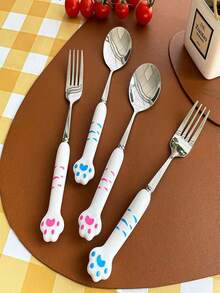1pc/2pcs/5pcs Stainless Steel Spoon, Fork, Cartoon Cute Long Handle Tableware, Household, Creative, Student, Children Eating Spoon - Silver - View 5